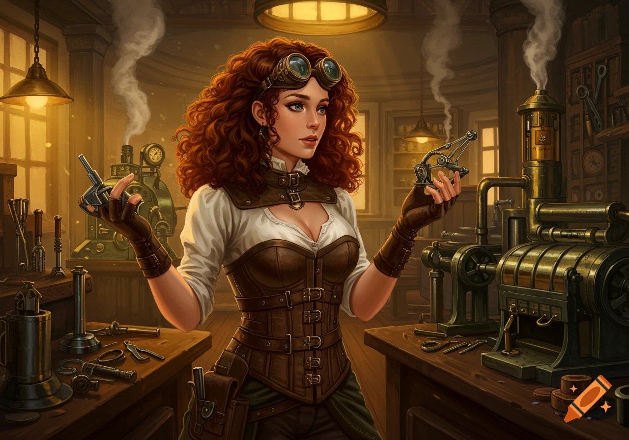 A detailed digital art portrait of a female steampunk artificer with curly red hair, goggles, and a corset, holding mechanical devices in a workshop.