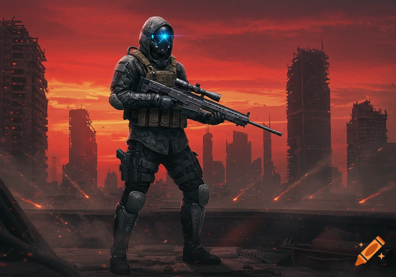 A futuristic sniper in tactical gear stands on a destroyed city rooftop under a fiery red sky with falling debris, digital art.