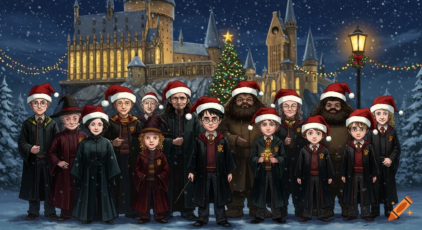 A group of Harry Potter characters wearing Santa hats stand in front of a snowy, festive Hogwarts castle at night, in a cartoon style.
