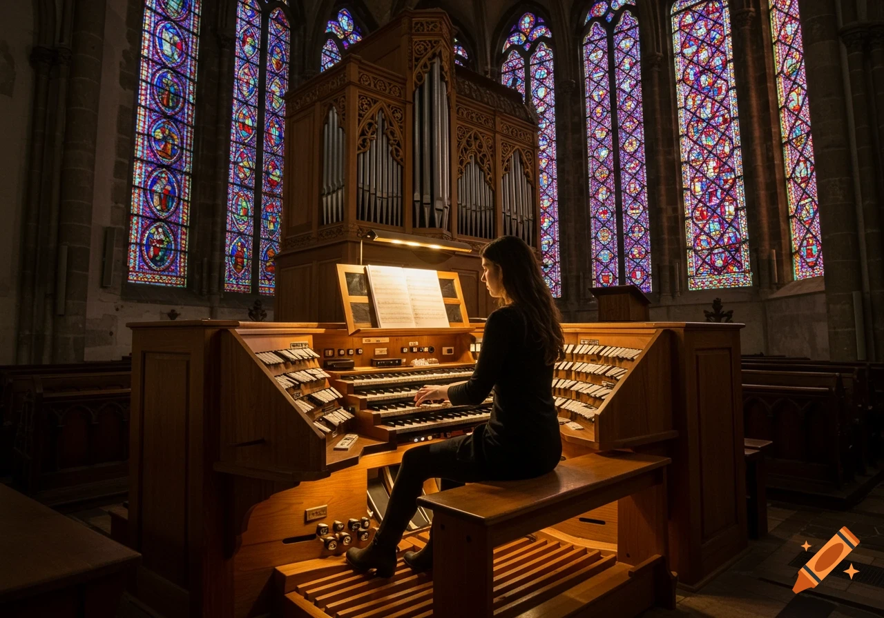 A woman plays a large, ornate wooden pipe organ in a dimly lit church with vibrant stained glass windows.