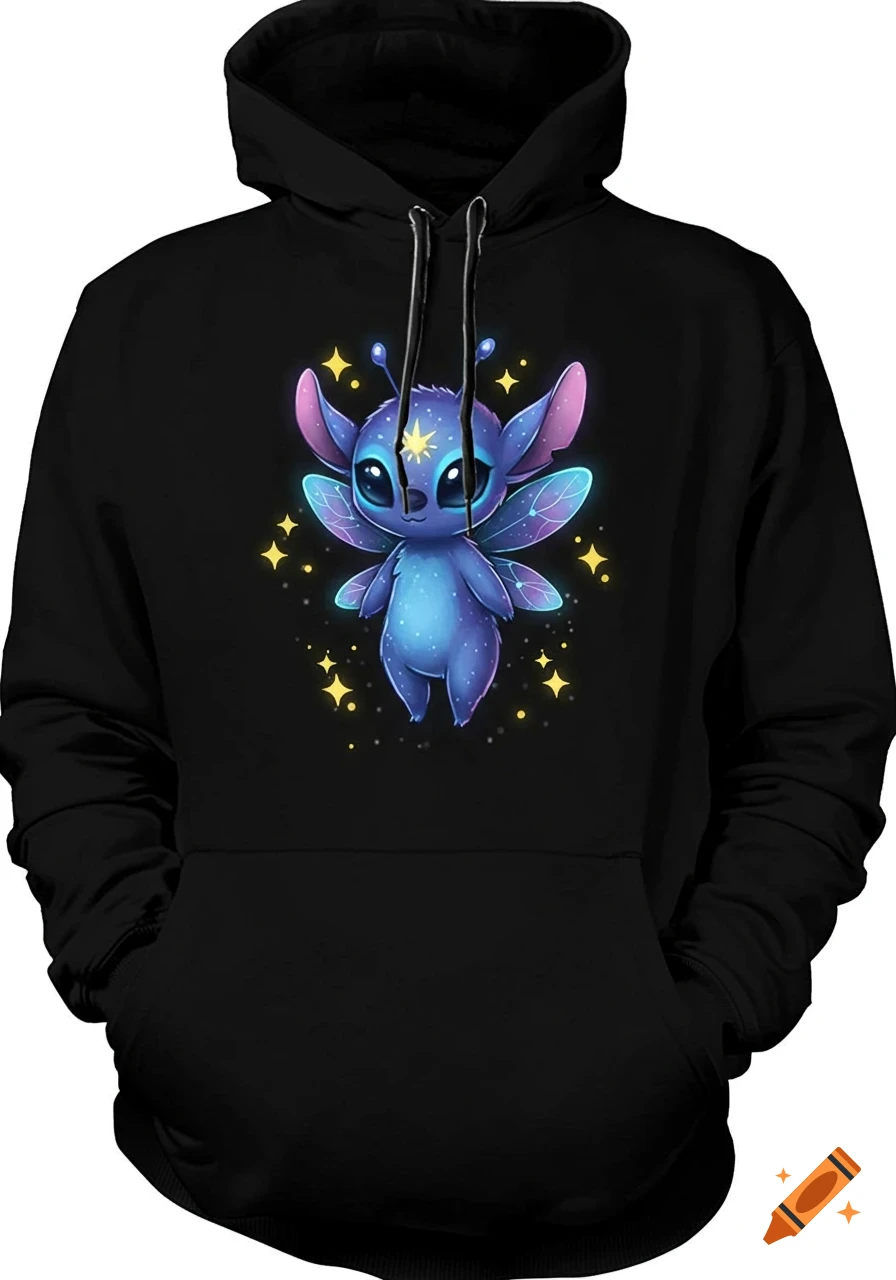 A black hoodie featuring a cute, glowing blue and purple alien creature with butterfly wings, surrounded by yellow stars.