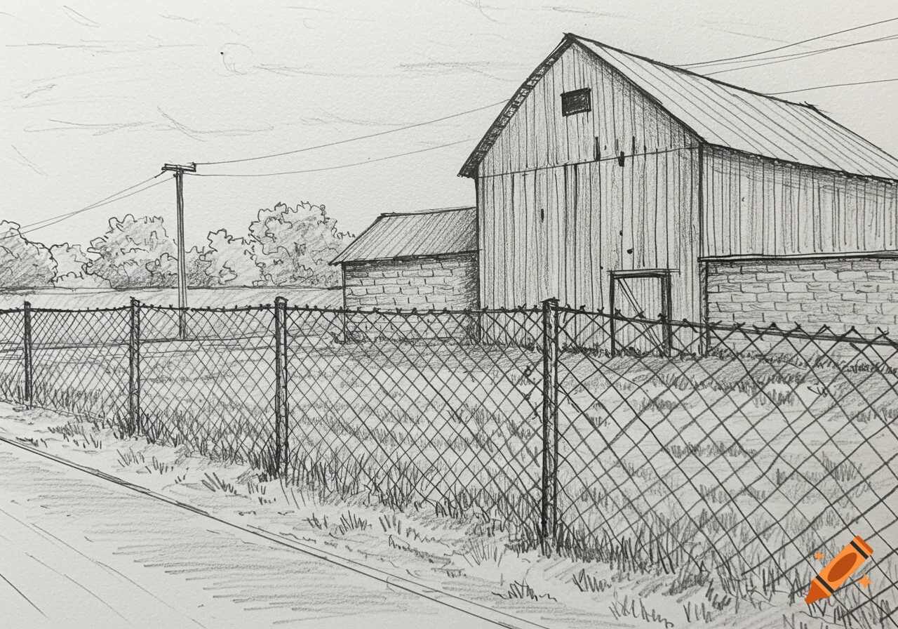 Pencil drawing of a barn and a smaller building behind a chain-link fence next to a road.