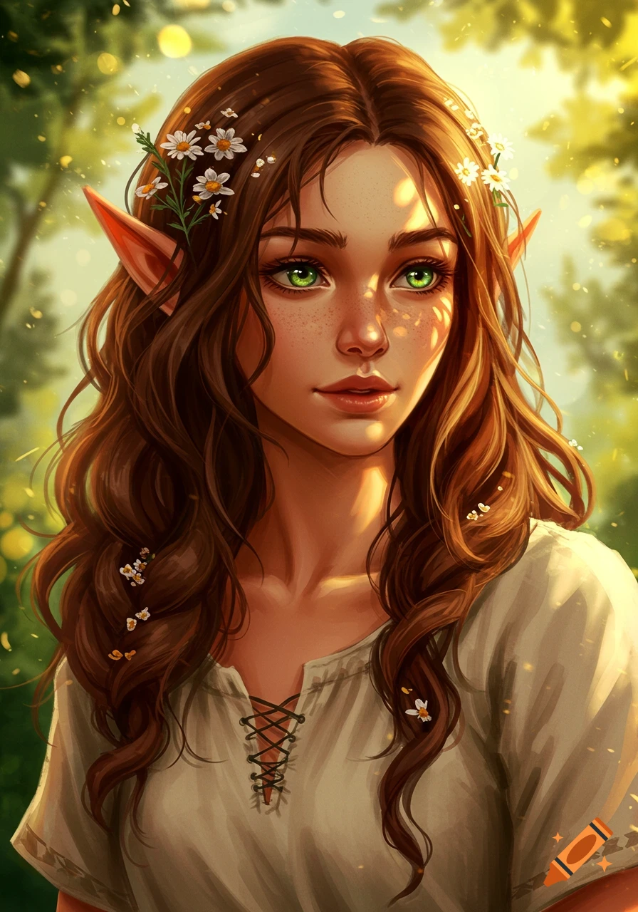 A luminous portrait of a young elf woman with long brown hair, green eyes, and daisies in her hair, in a sunlit forest.