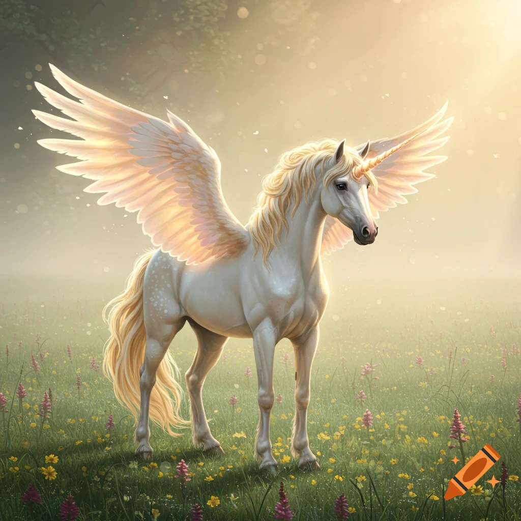 A majestic white winged unicorn with a golden mane and pearlescent horn stands in a sunny, misty field of wildflowers.