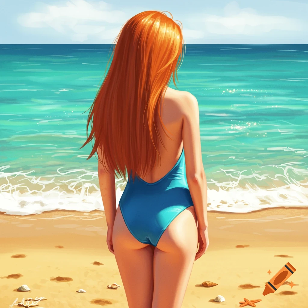 Illustrative full-body shot of a redhead woman in a blue swimsuit on a sunny beach, looking at the ocean.