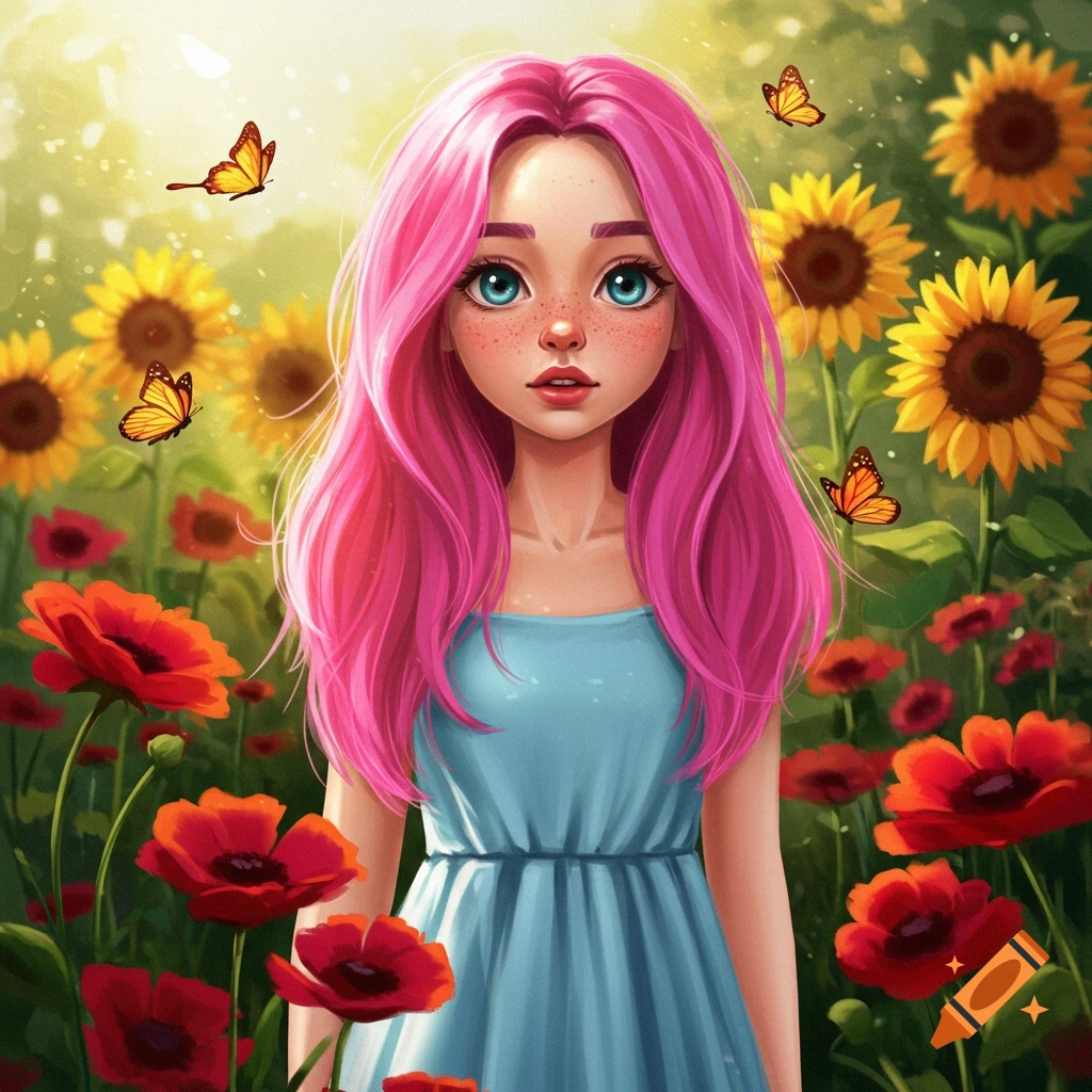 A colorful illustration of a pink-haired girl with freckles and blue eyes, standing in a field of sunflowers and red poppies with butterflies.