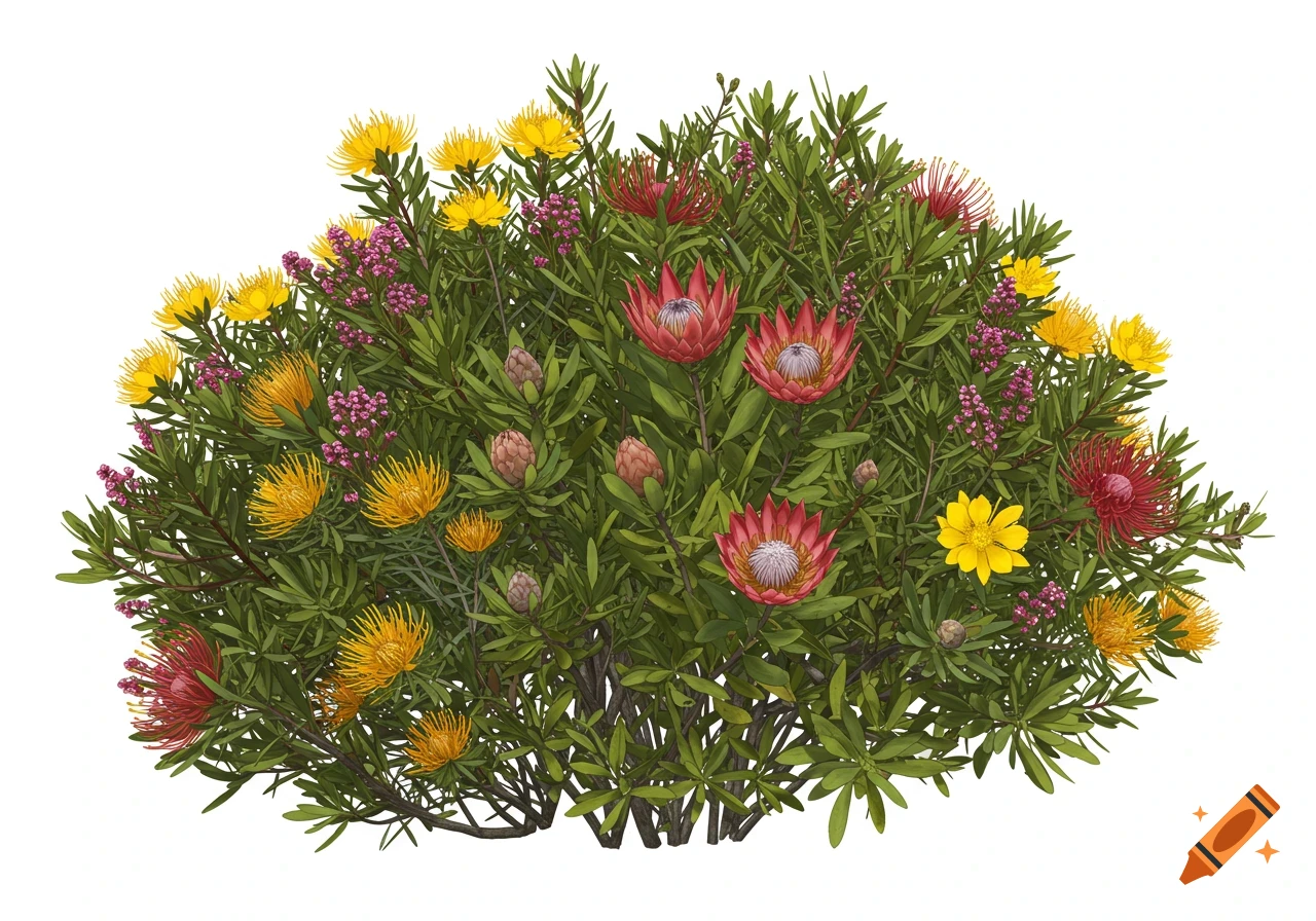 A detailed illustration of a fynbos bush with red, yellow, and orange protea-like flowers and green foliage on a white background.