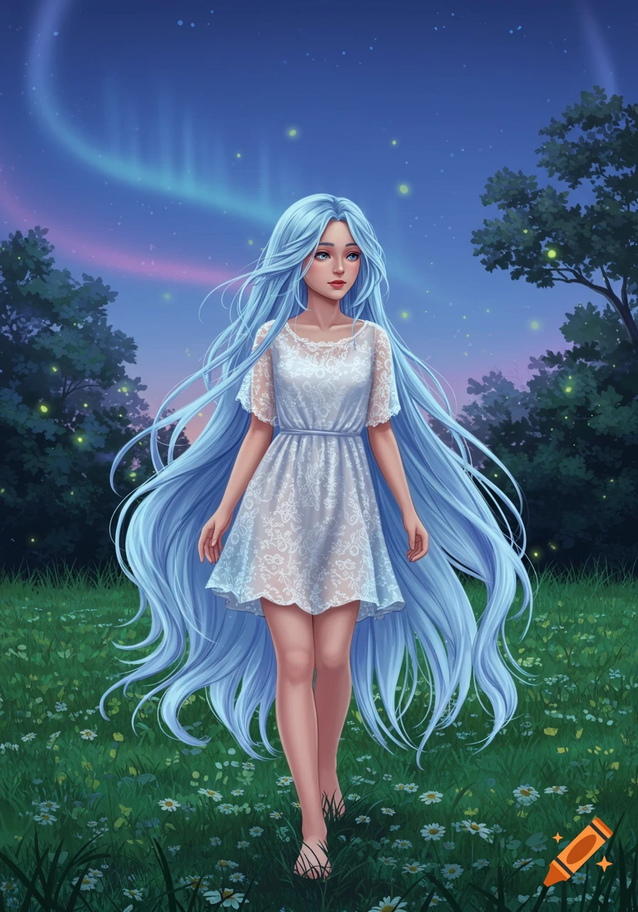Anime-style girl with long light blue hair in a white dress walks barefoot in a daisy field at night under a colorful aurora sky.