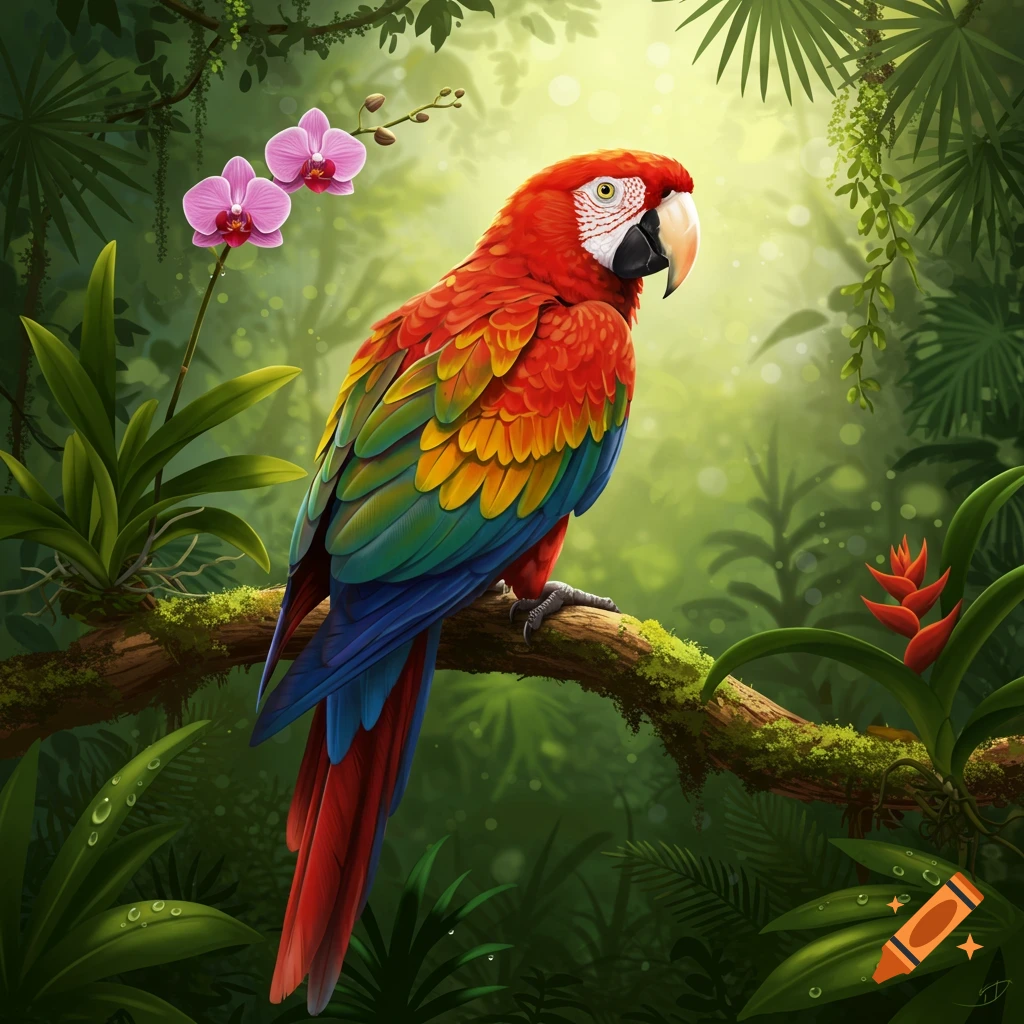 A vibrant red, yellow, and blue parrot perches on a mossy branch in a lush, sunlit tropical jungle with pink orchids.