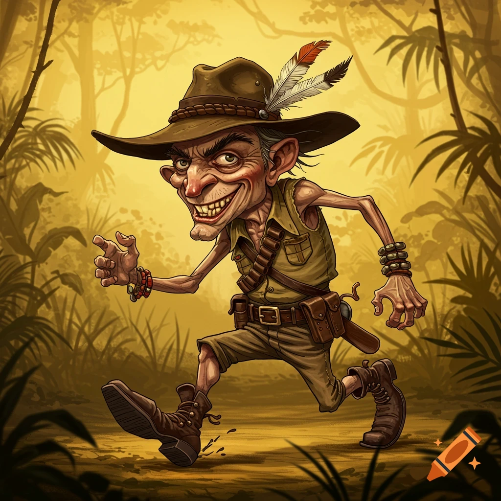 A cartoon caricature of a skinny, grinning jungle explorer with a wide-brimmed hat and feathers, running through a golden jungle.