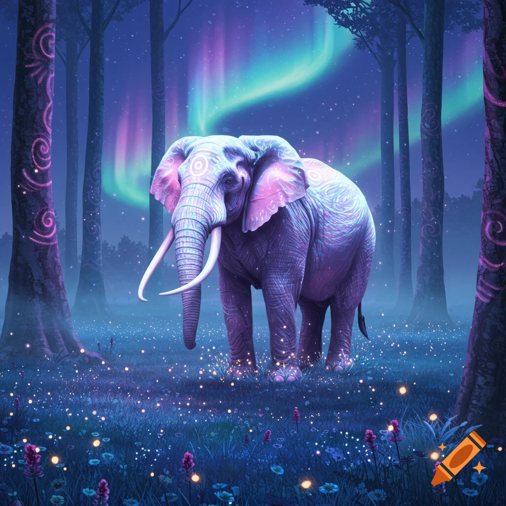 A magical elephant with glowing pink and purple skin, covered in swirling patterns, stands in a mystical forest under a vibrant aurora borealis.