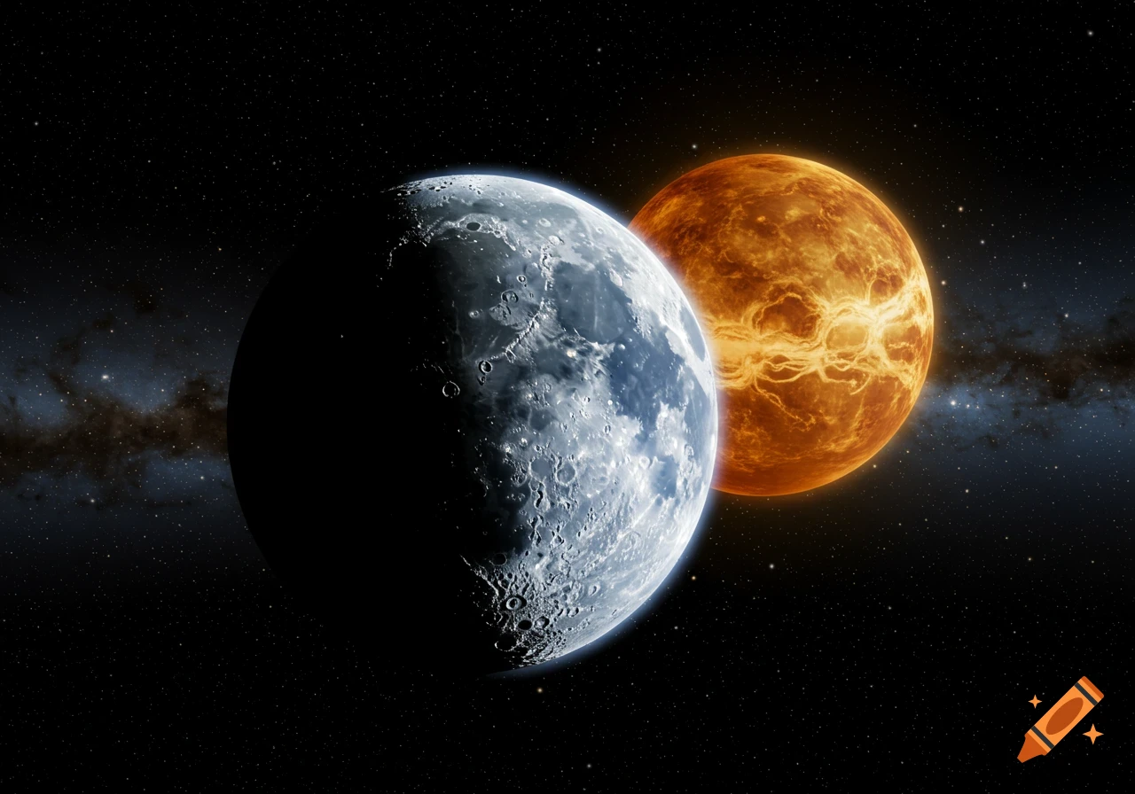 A large cratered moon in space, partially eclipsing a glowing orange planet, against a starry background with faint nebulae.