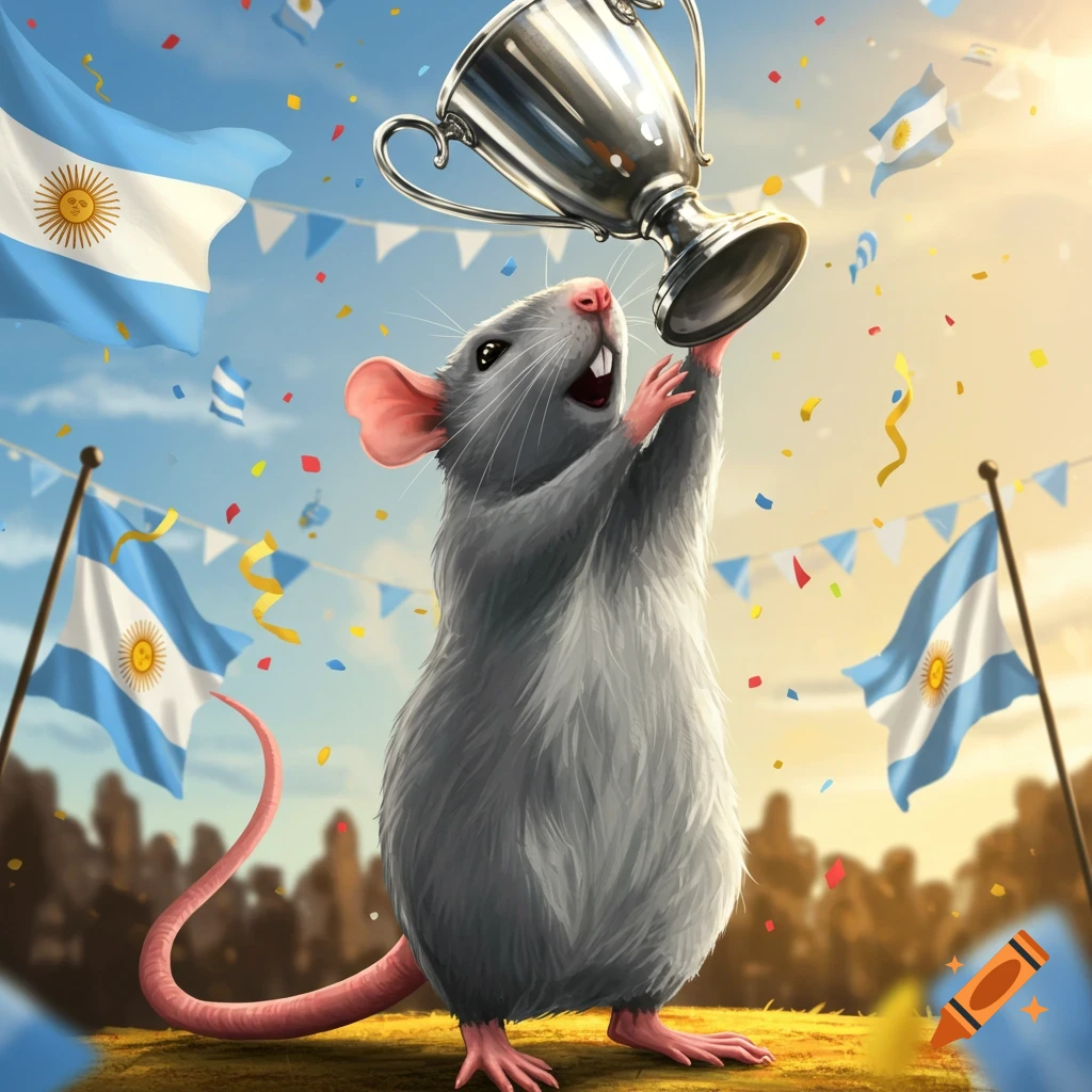 A cartoonish Argentinian rat jubilantly lifts a silver trophy amidst confetti and Argentine flags.