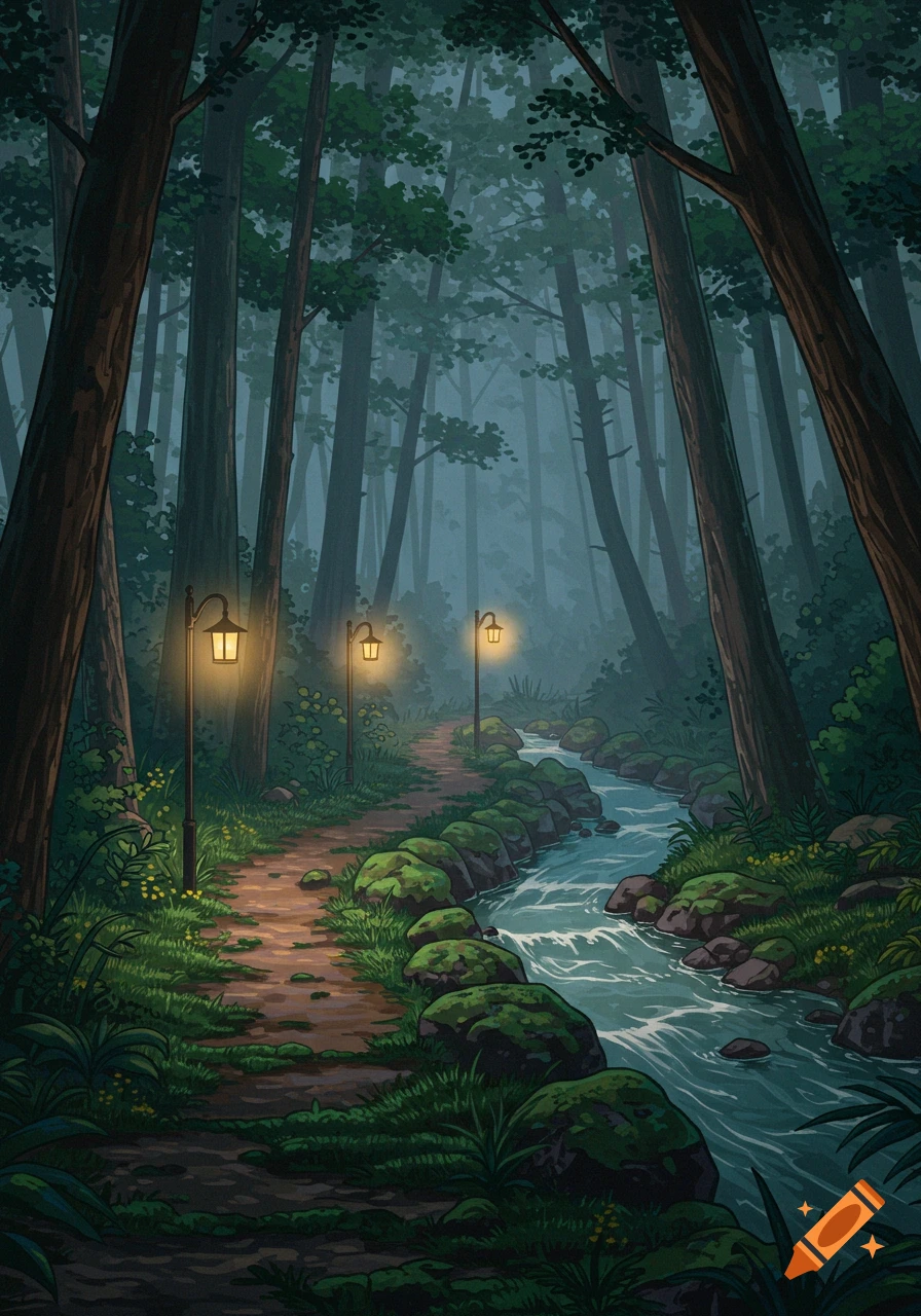 An illustrated forest path with glowing lamps, a winding river, and tall trees under a soft mist.