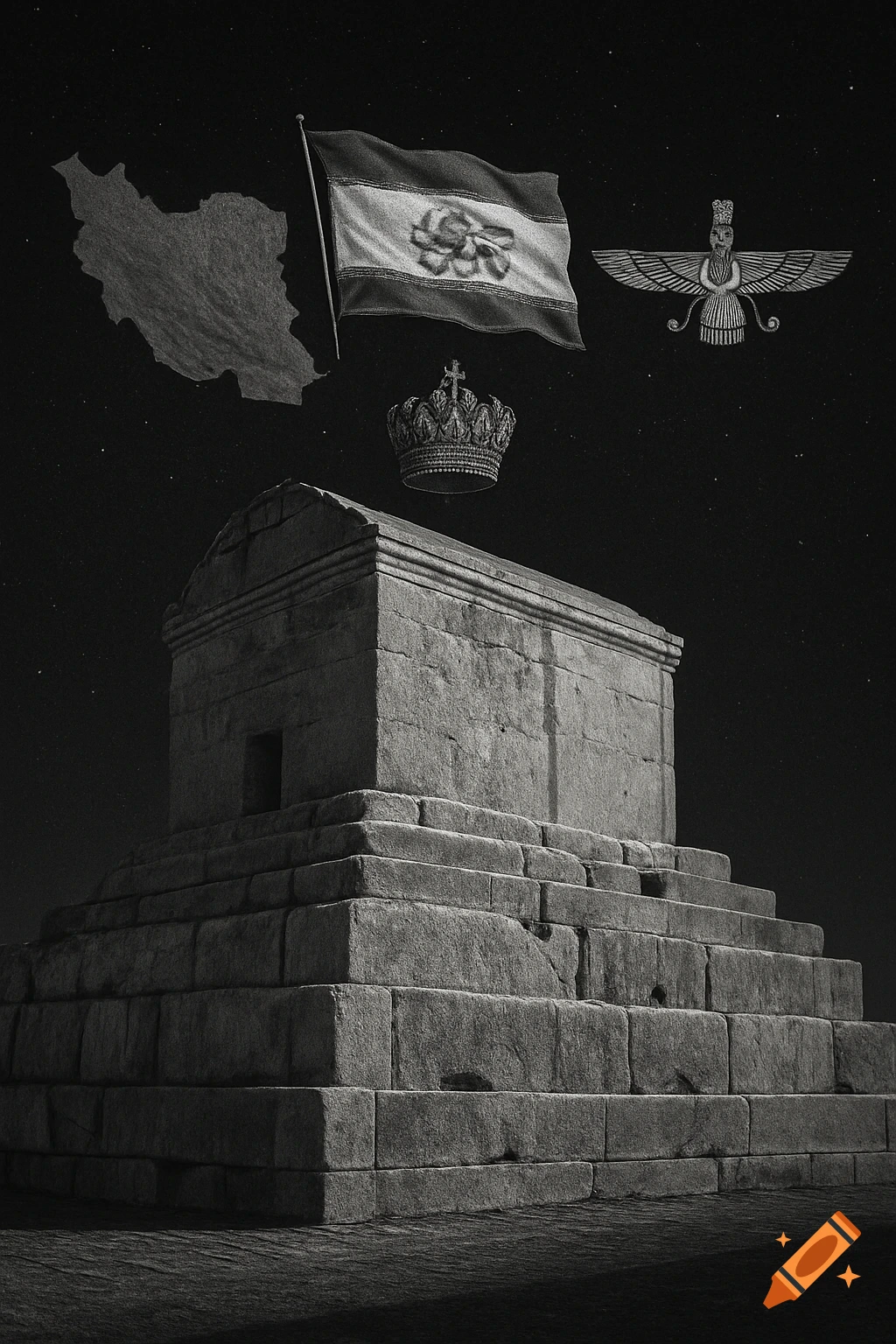 Monochromatic shot of the stone Tomb of Cyrus the Great with the Faravahar, Pahlavi flag, crown, and map of Iran above it.