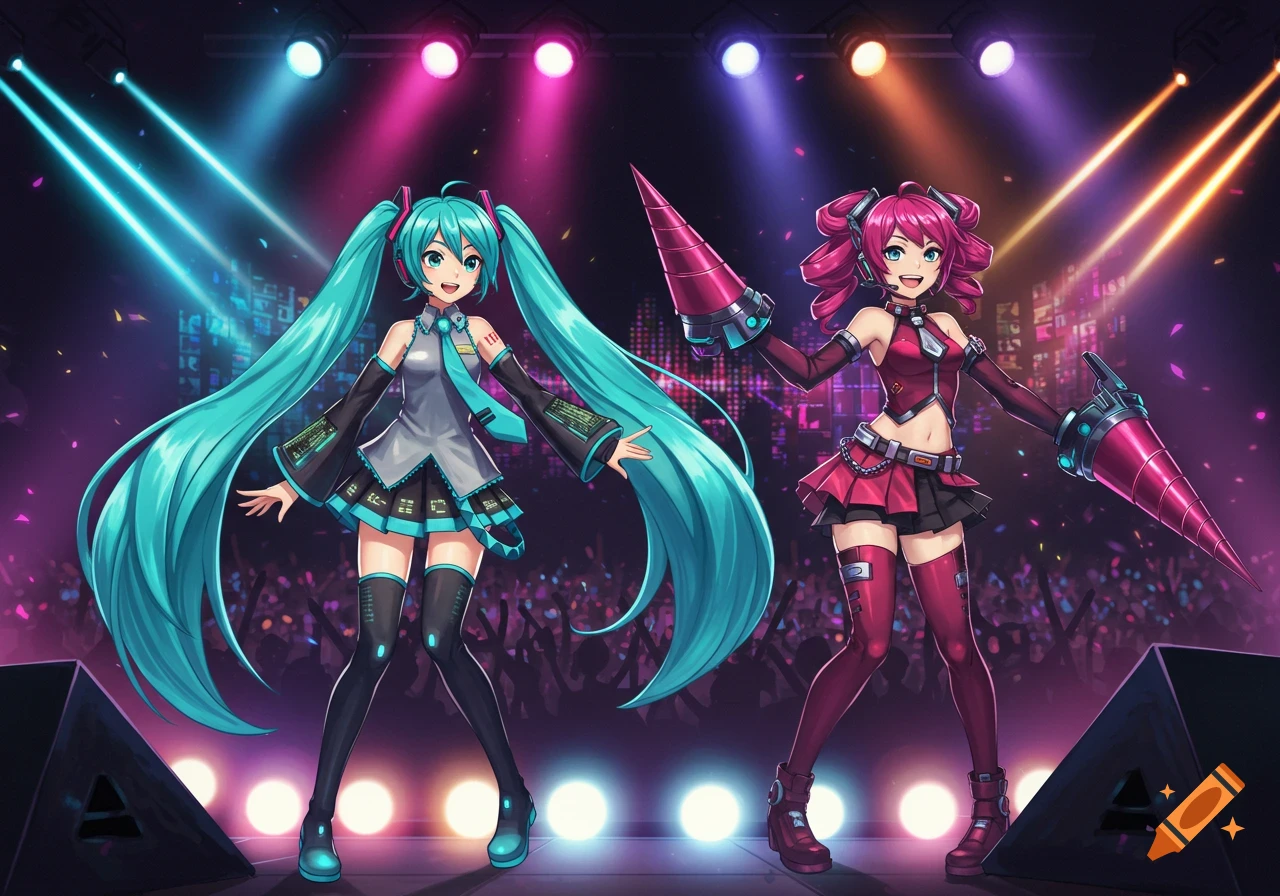 Anime illustration of Hatsune Miku and Kasane Teto performing on a brightly lit concert stage.