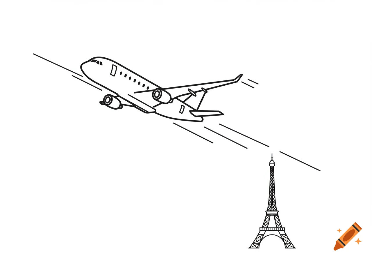 Black and white line art clipart of an airplane flying upwards past the Eiffel Tower in Paris on a white background.