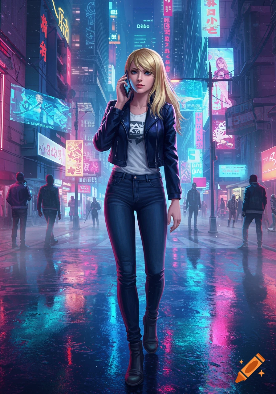 A blonde woman in a leather jacket walks on a wet, neon-lit cyberpunk street at night, talking on her phone in a stylized illustration.
