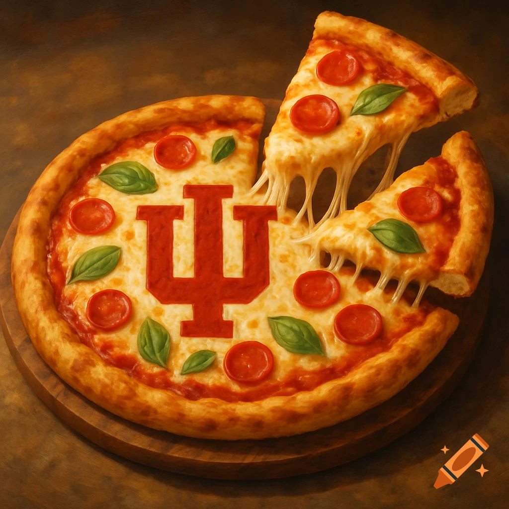 Cheesy pizza with a red Indiana University logo, pepperoni, and basil. Two slices are pulled away, stretching cheese.