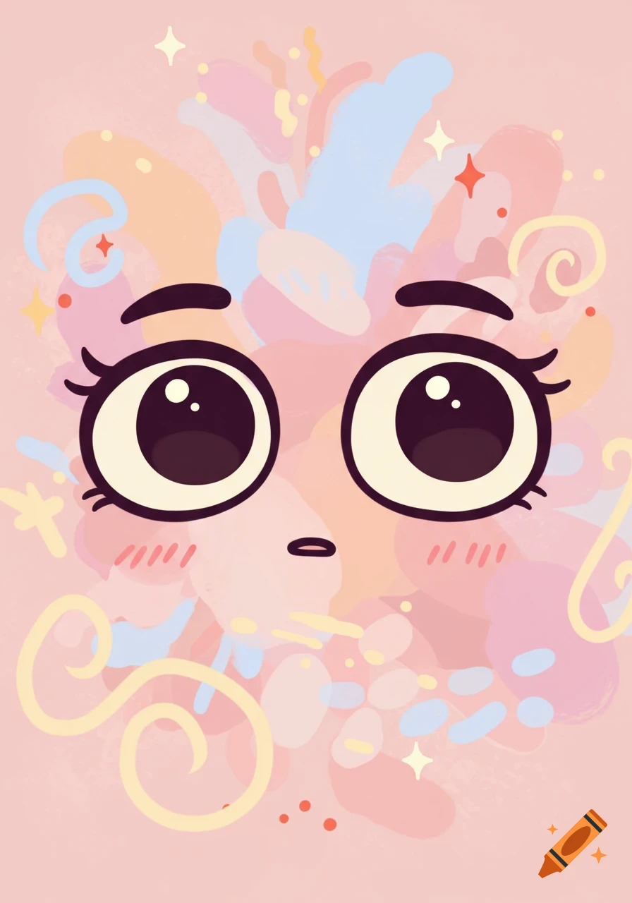 A cute, wide-eyed cartoon face illustration on a pastel pink background with abstract colorful shapes.