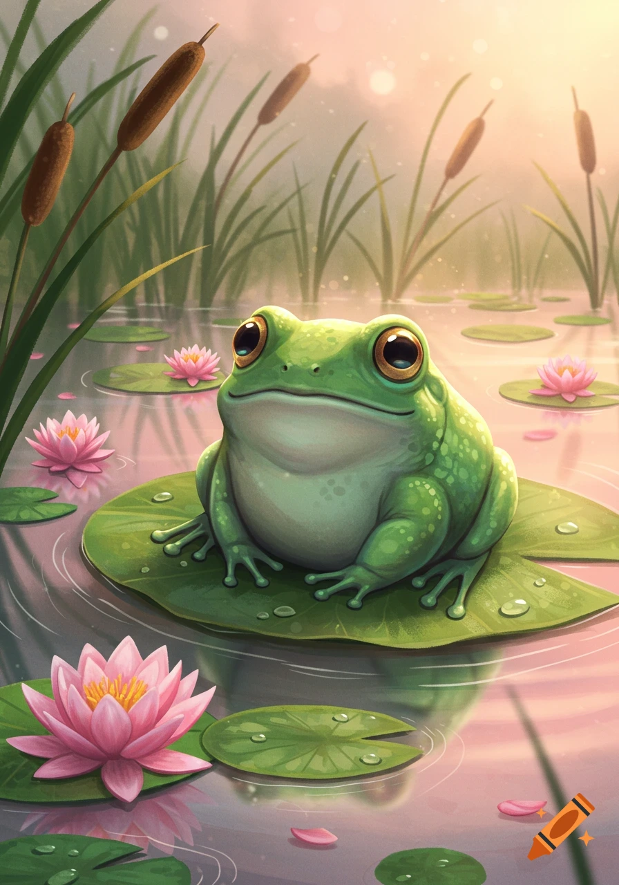 A cute green frog with large eyes sits on a lily pad in a pond with pink water lilies and cattails, in a digital illustration style.