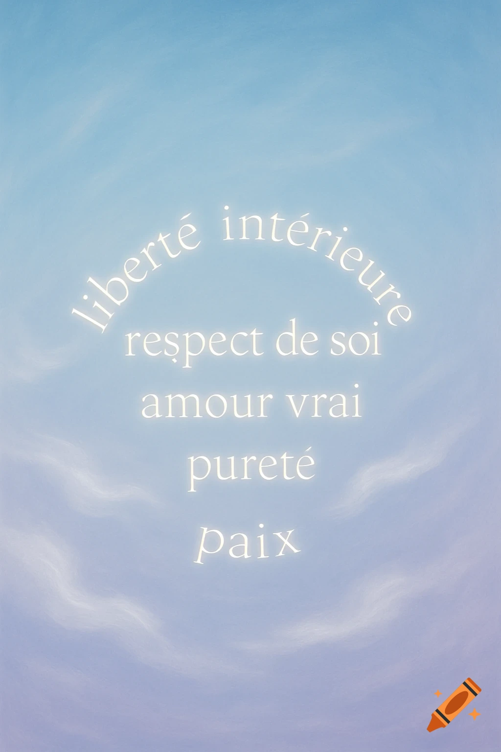 French affirmations 'liberté intérieure, respect de soi, amour vrai, pureté, paix' glow on a serene blue and purple sky with wispy clouds.