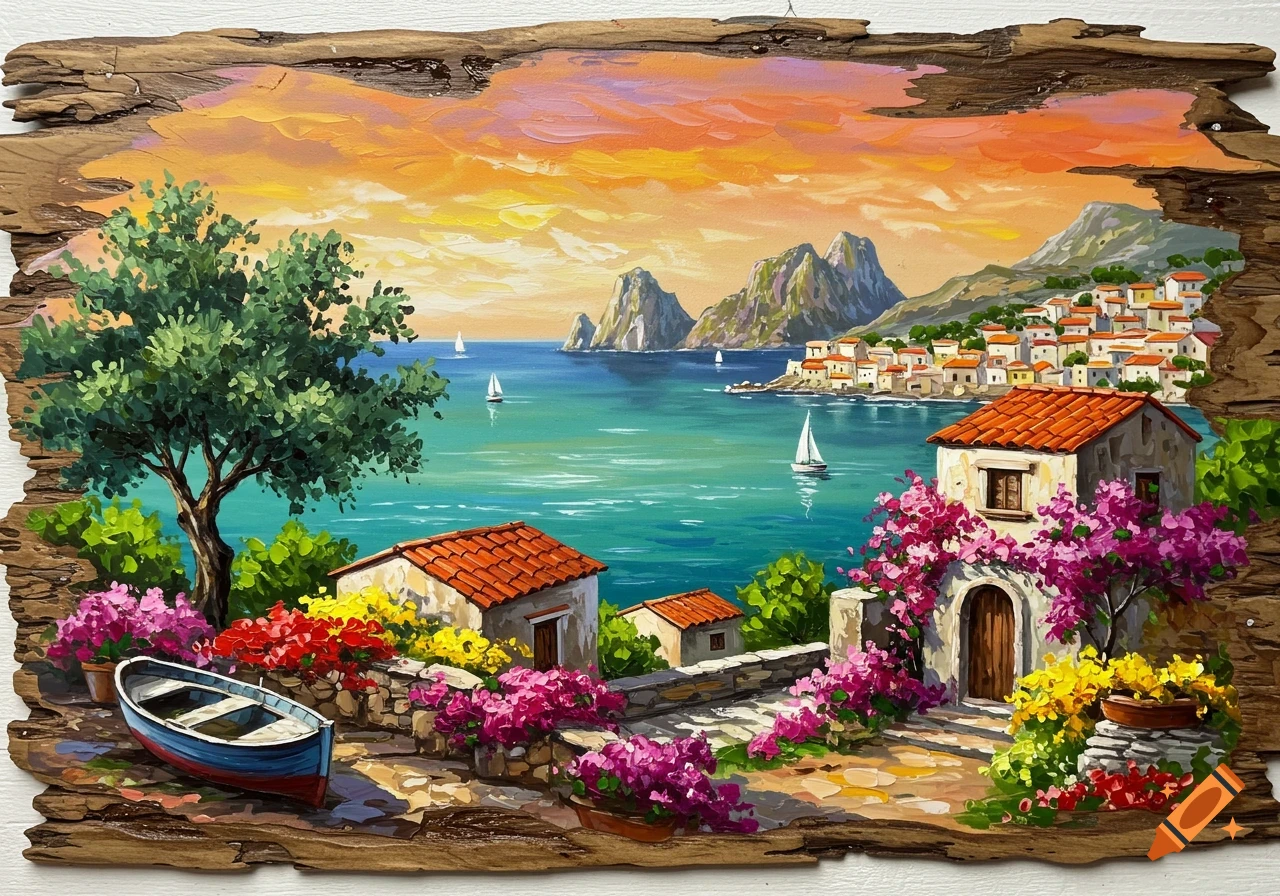 Vibrant Mediterranean coastal painting on rustic wood, with white houses, colorful bougainvillea, an olive tree, boats on turquoise water, distant islands, and an orange sunset.