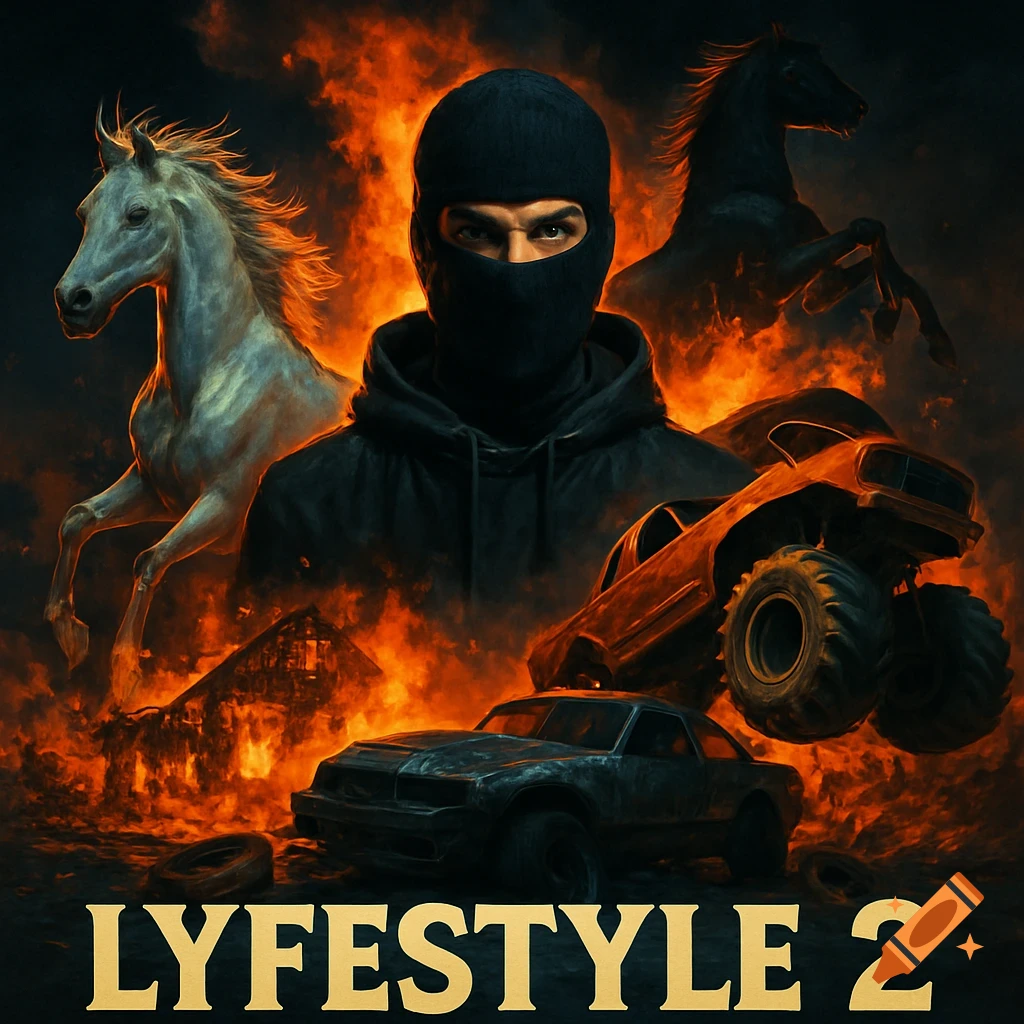 A man in a balaclava with horses and cars against a backdrop of a burning house and fire. The text "LYFESTYLE 2" is at the bottom.
