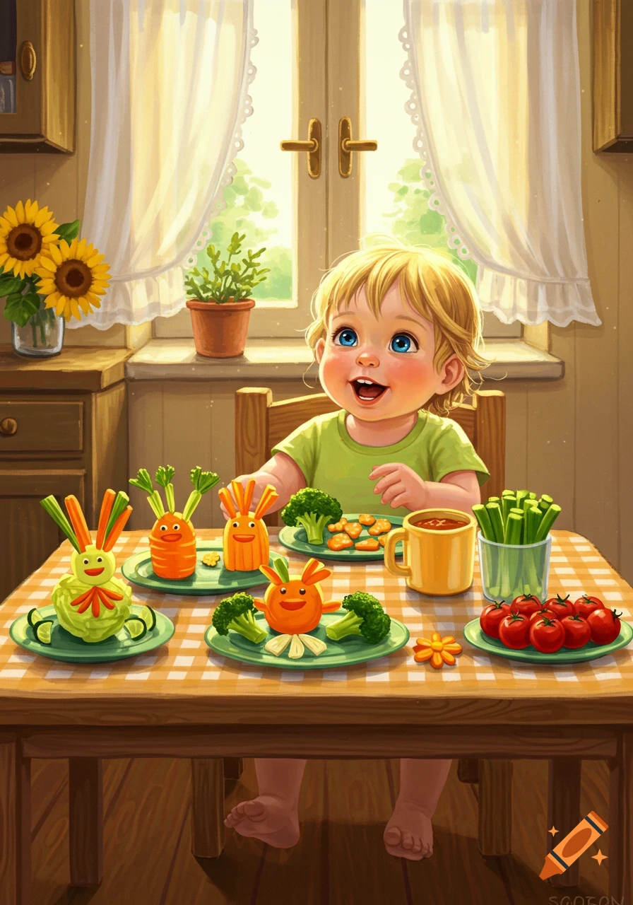 A happy toddler smiles at a table with playful vegetable meals, including carrot bunnies and broccoli, in a bright, cozy kitchen, illustrative art.