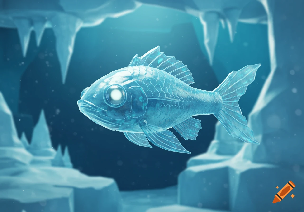 A 3D rendered ice fish floats in a blue, icy underwater cavern with icicles.