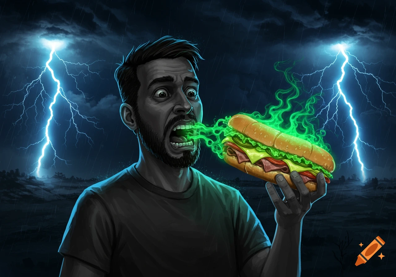 A man with green fumes coming from his mouth holds a sandwich against a stormy background with lightning.