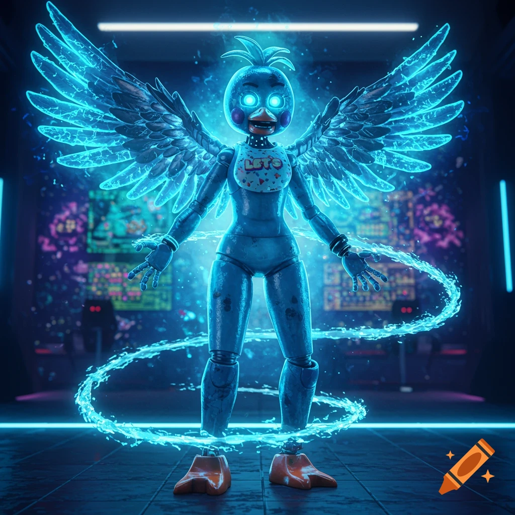 A glowing blue robot chicken character with energy wings and an aura stands in a dark, futuristic room.