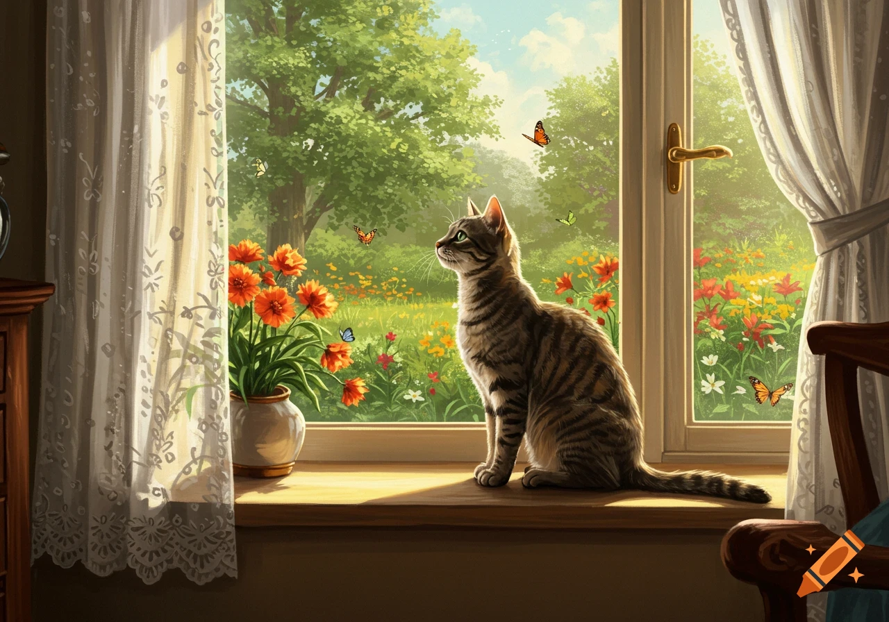 A tabby cat sits on a sunlit windowsill, looking out at a vibrant garden with butterflies and colorful flowers.