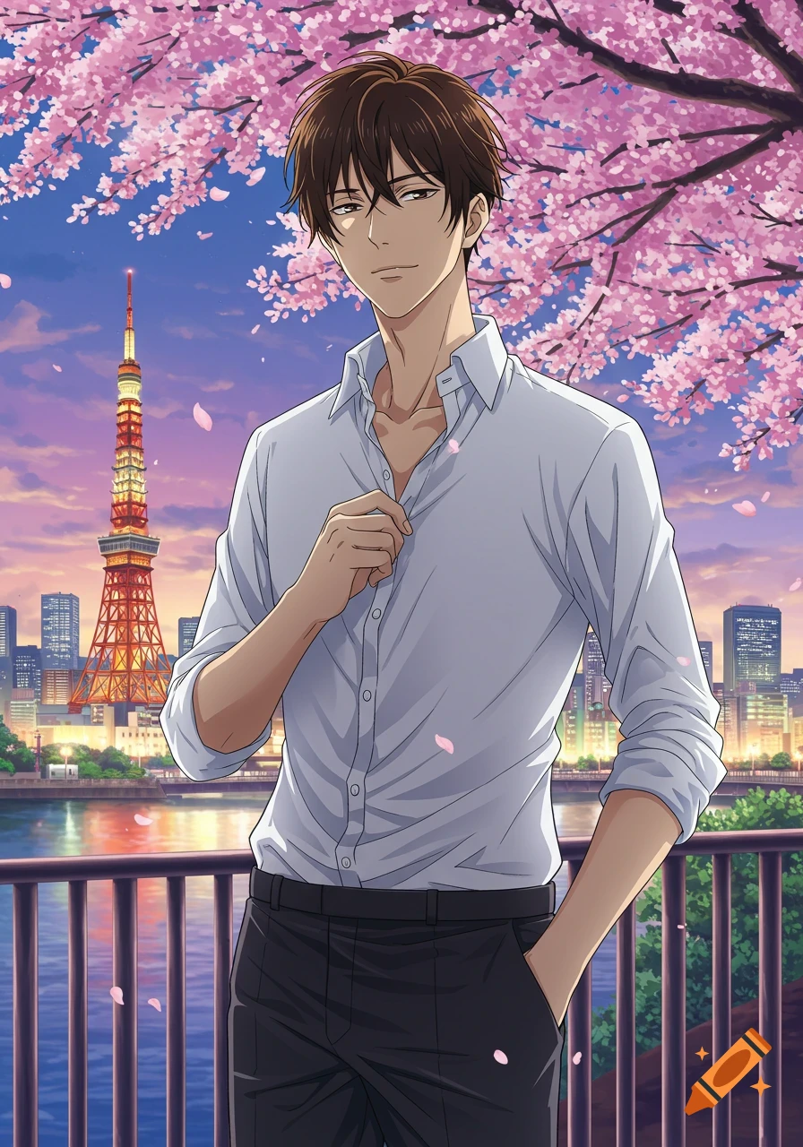Anime man unbuttoning his white shirt by a river with Tokyo Tower and cherry blossoms at sunset.