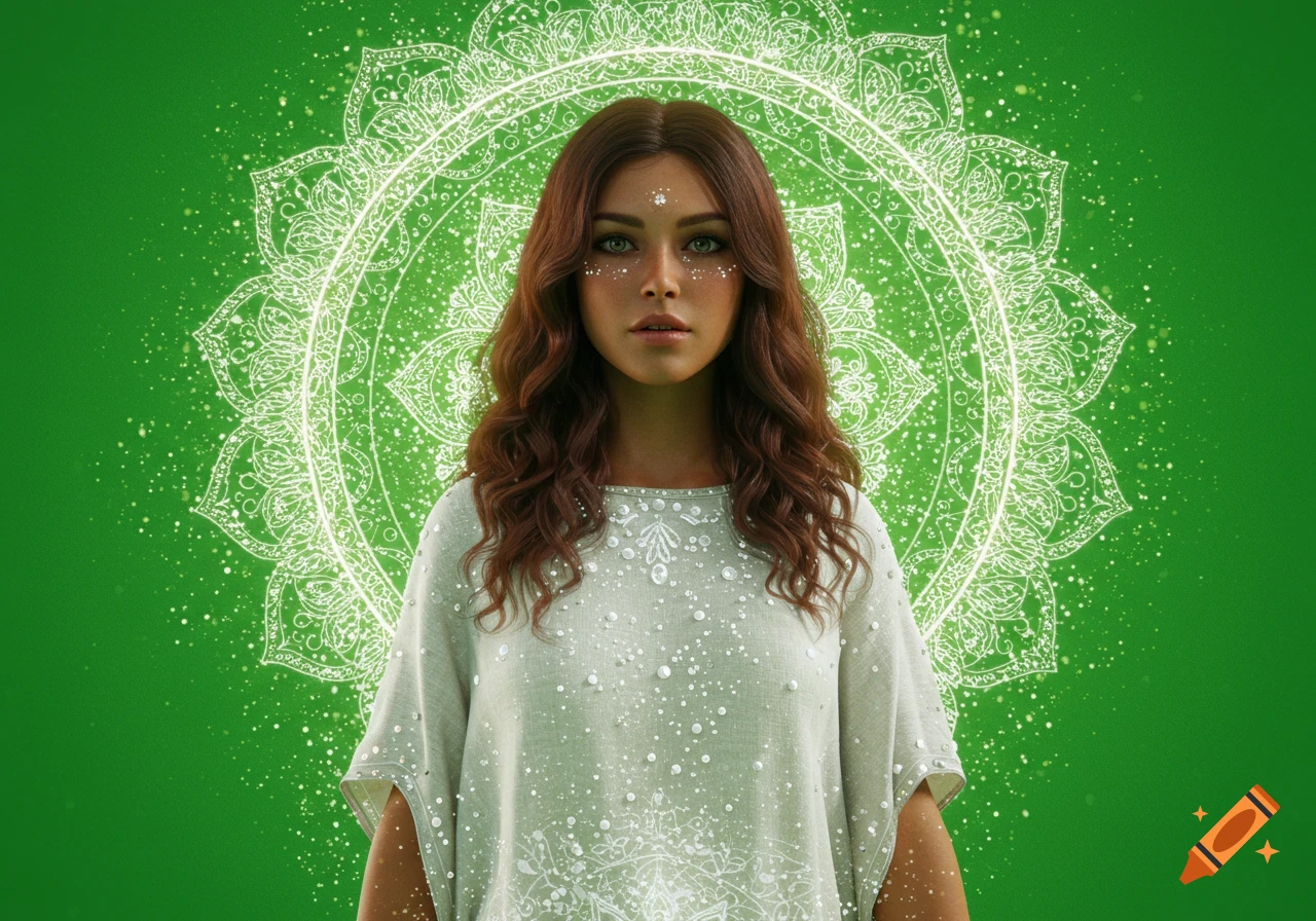 A realistic portrait of a woman with long brown hair, wearing a white crystal-embellished tunic, against a green background with a glowing mandala.