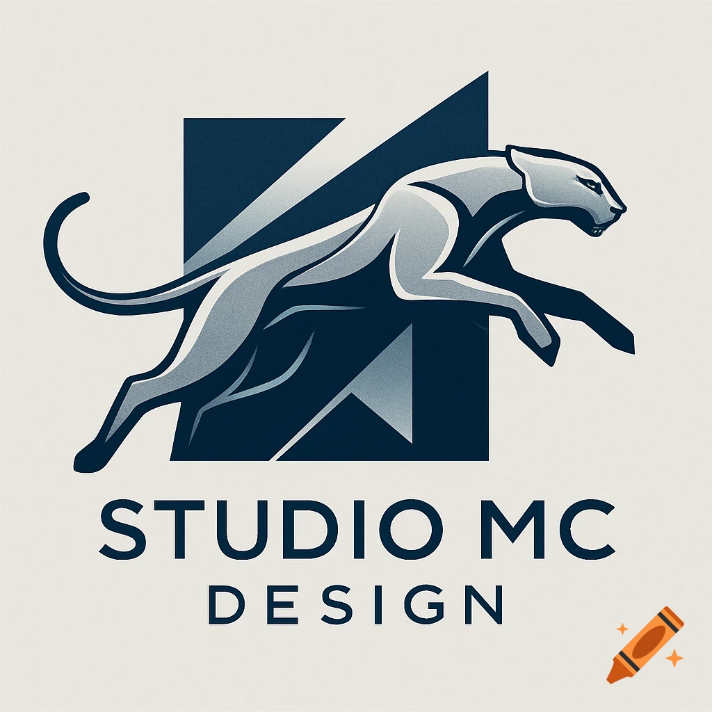 A modern logo featuring a stylized grey panther leaping over a dark blue abstract geometric shape, with the text "STUDIO MC DESIGN" below.