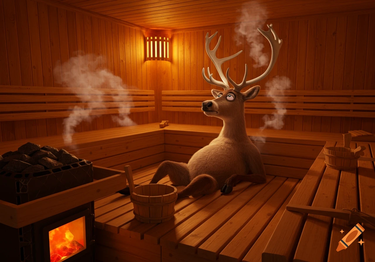 A cartoon deer with large antlers sits and relaxes in a steamy wooden sauna next to a hot stove.