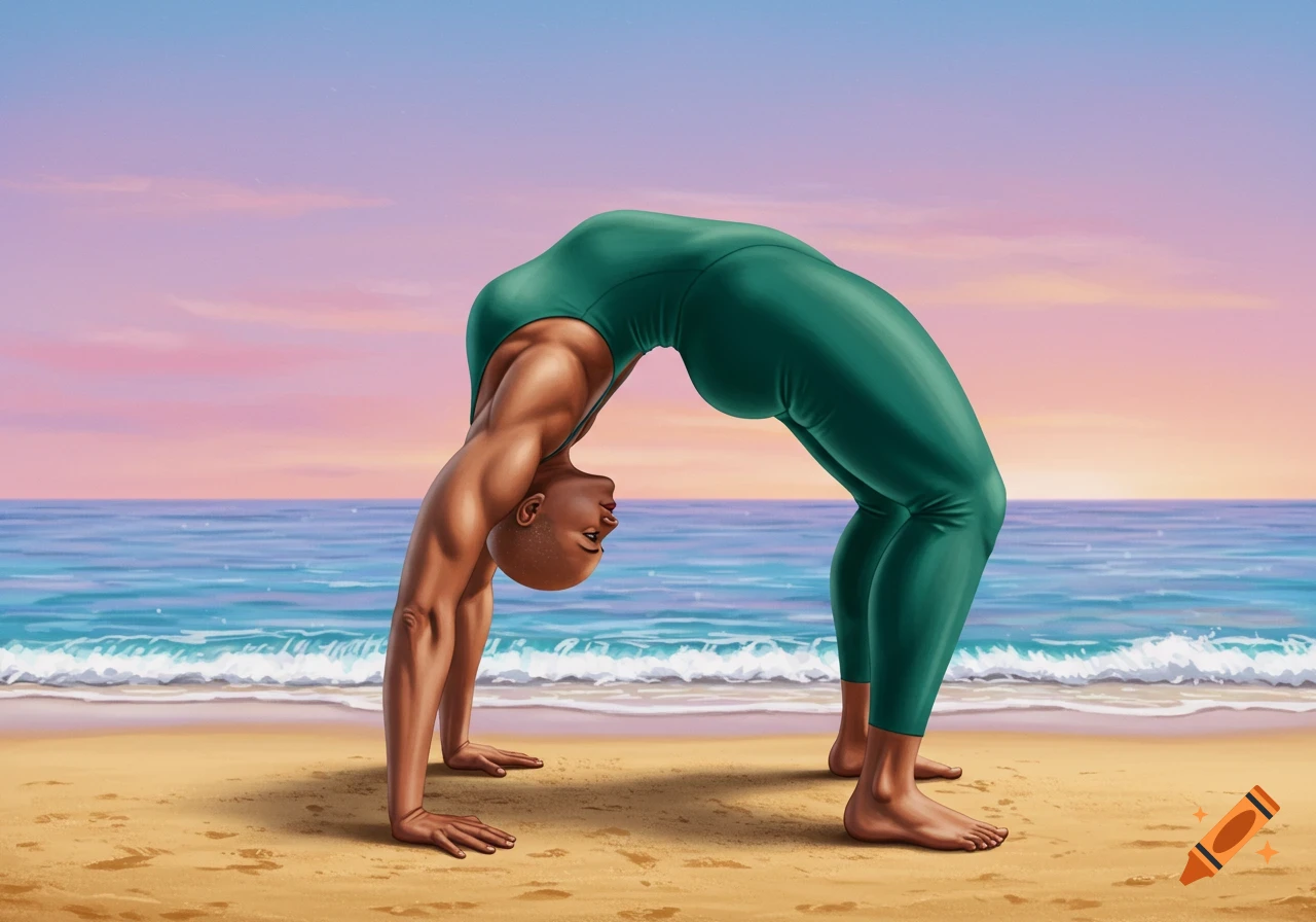 Muscular bald woman in a green bodysuit doing a backbend on a sandy beach at sunset.
