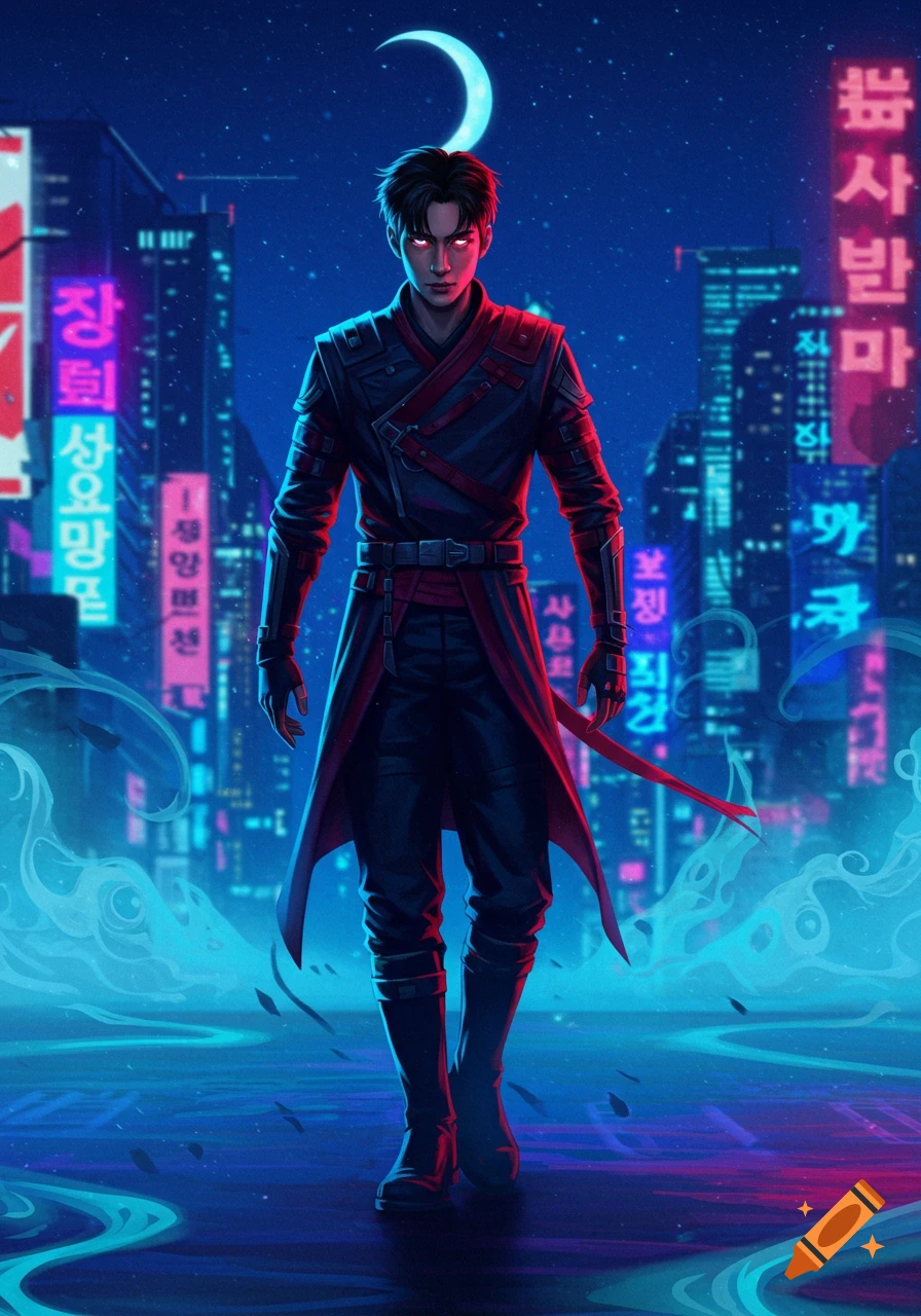 A male demon hunter with glowing red eyes in a black and red outfit stands in a neon-lit cyberpunk city under a crescent moon, digital art style.