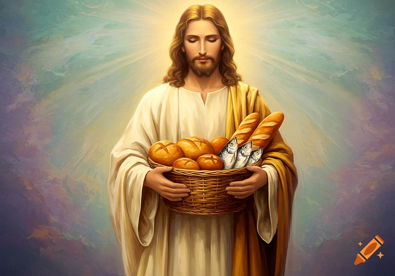 Jesus Christ, with a halo, holds a basket of bread loaves and fish against a radiant, painterly background.
