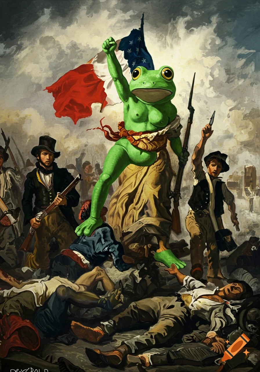 A green frog in a torn dress leads revolutionaries over fallen bodies, holding a ripped French flag in a painting style.