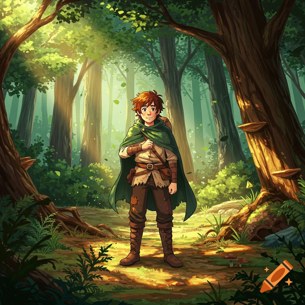 Anime-style young man with a green cape and backpack standing in a sunlit fantasy forest, smiling.