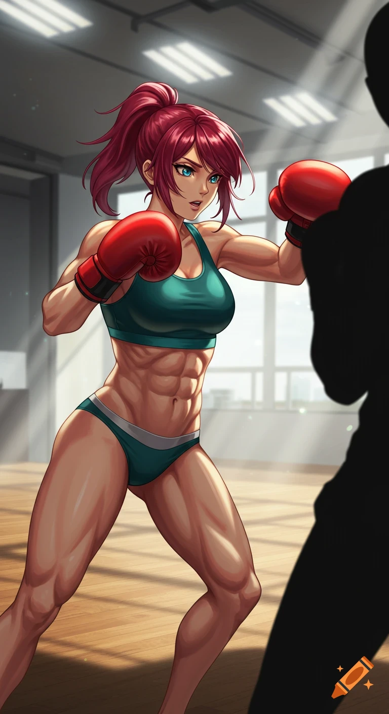 Muscular anime woman with red ponytail, blue eyes, teal sports attire, and red boxing gloves, punching a shadow in a gym.