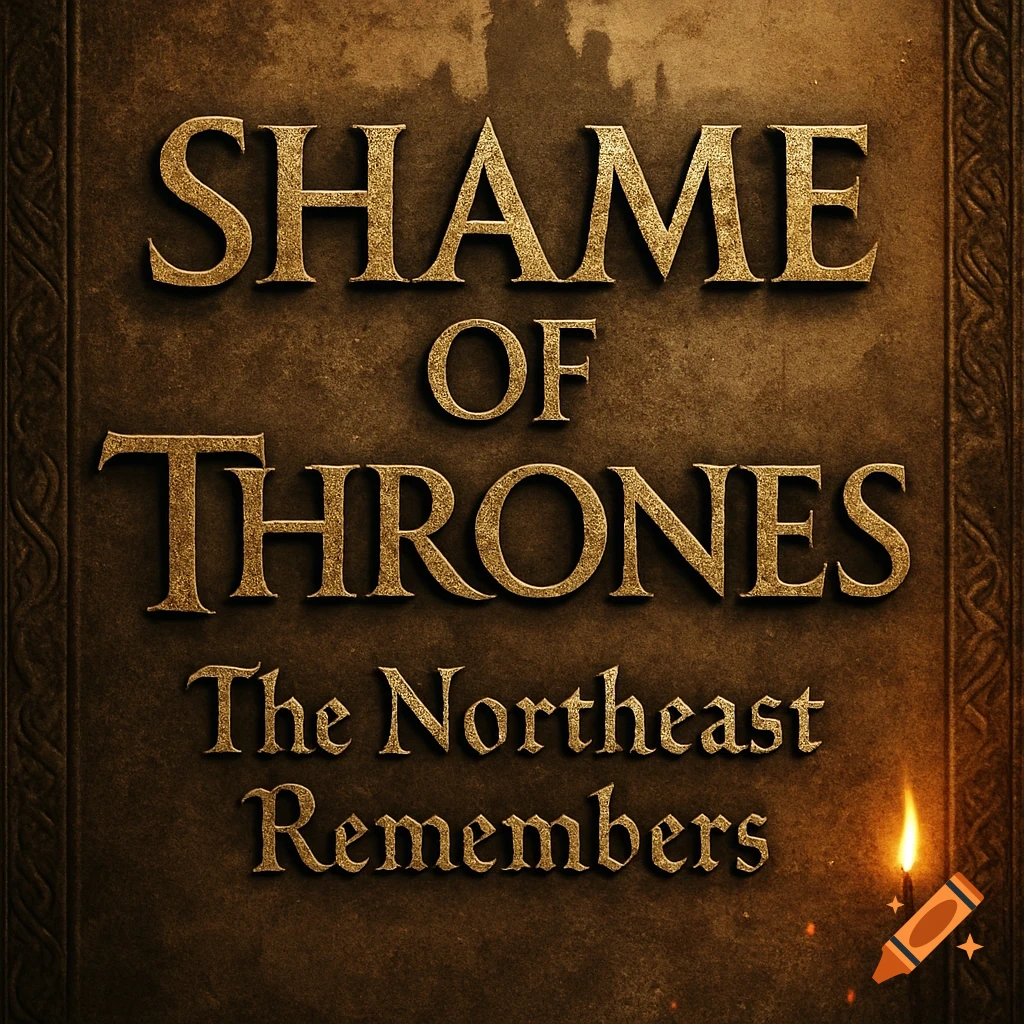 Dark, textured sign or book cover with golden, embossed text "SHAME OF THRONES The Northeast Remembers" and a burning candle.