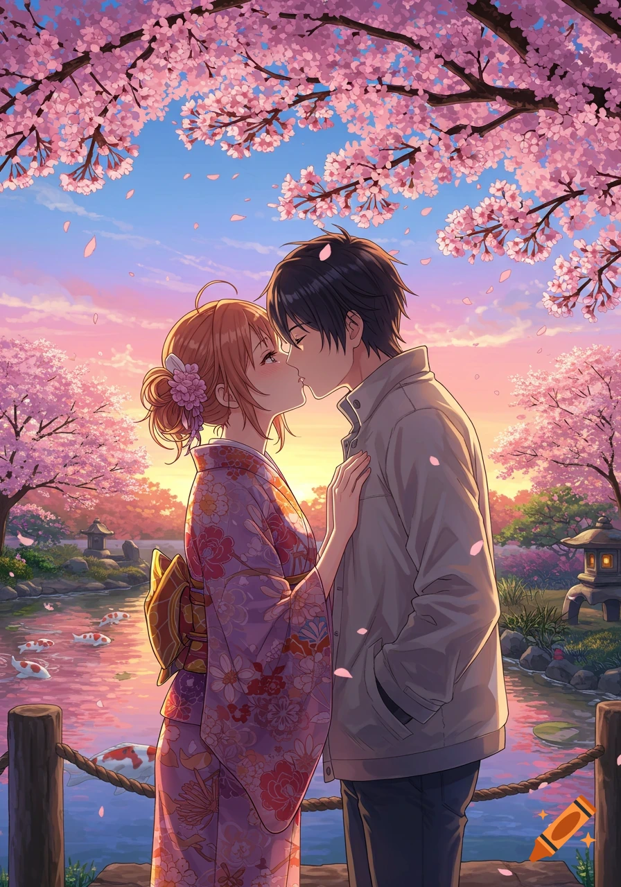 An anime couple kisses under pink cherry blossoms at sunset by a pond with koi fish in a Japanese garden.