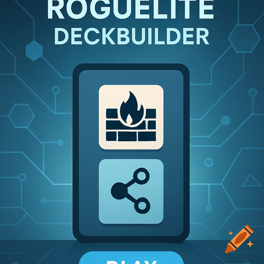 A flat style mobile game screen for a roguelite deckbuilder, featuring firewall and share icons on a circuit board background with 'ROGUELITE DECKBUILDER' text.