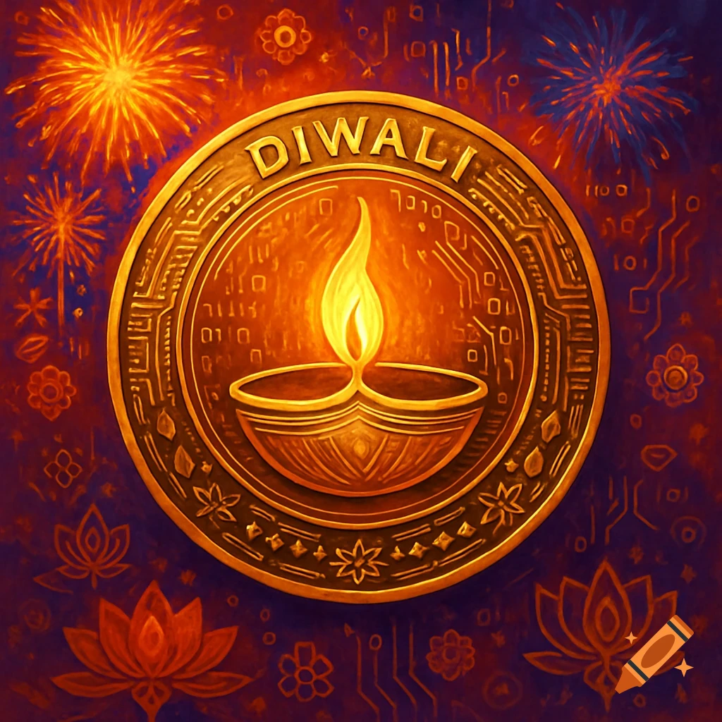 A golden crypto coin with "DIWALI" text, featuring a glowing diya, circuit board patterns, and fireworks on a purple-orange background.