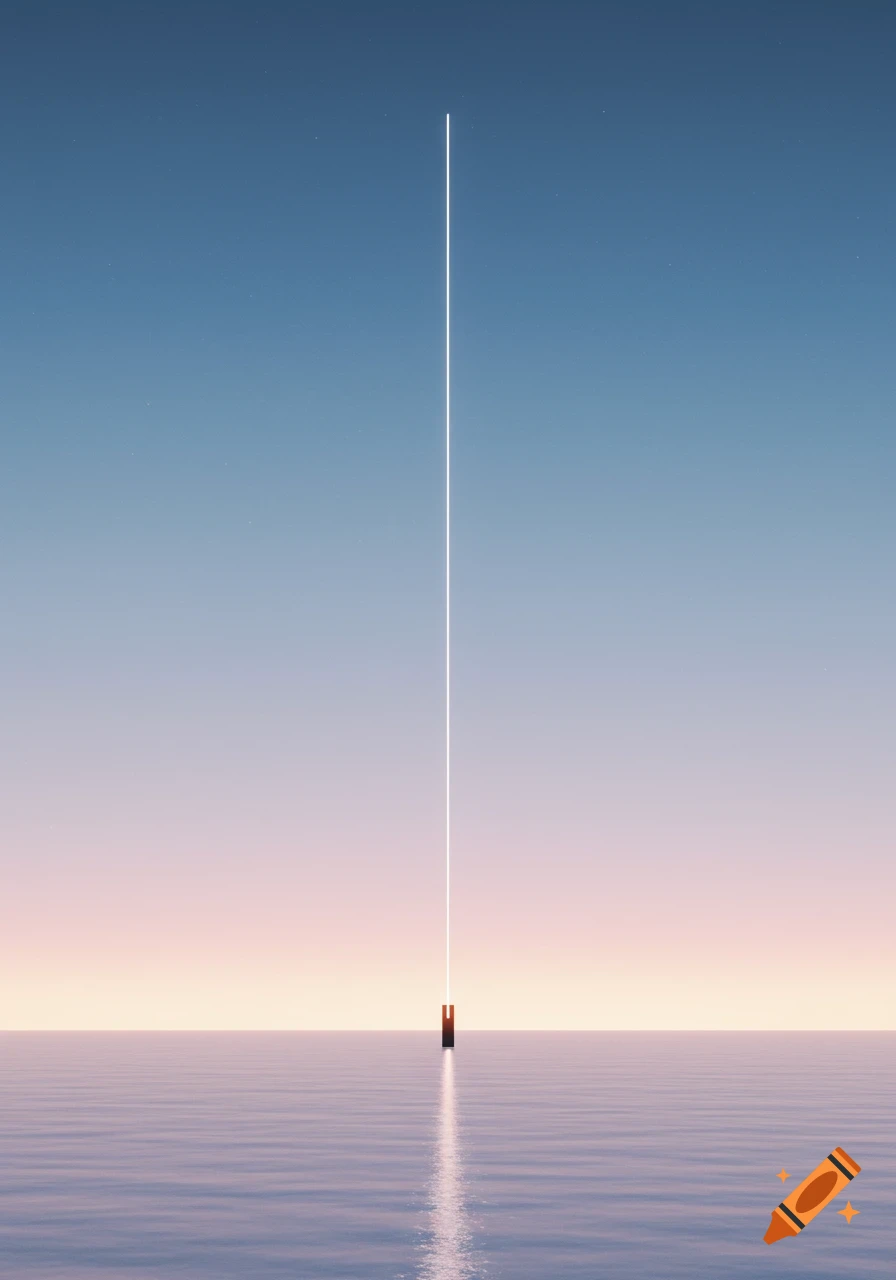 Minimalist game art showing a glowing 1-pixel wide vertical line from a dark structure on calm water to a gradient sky.