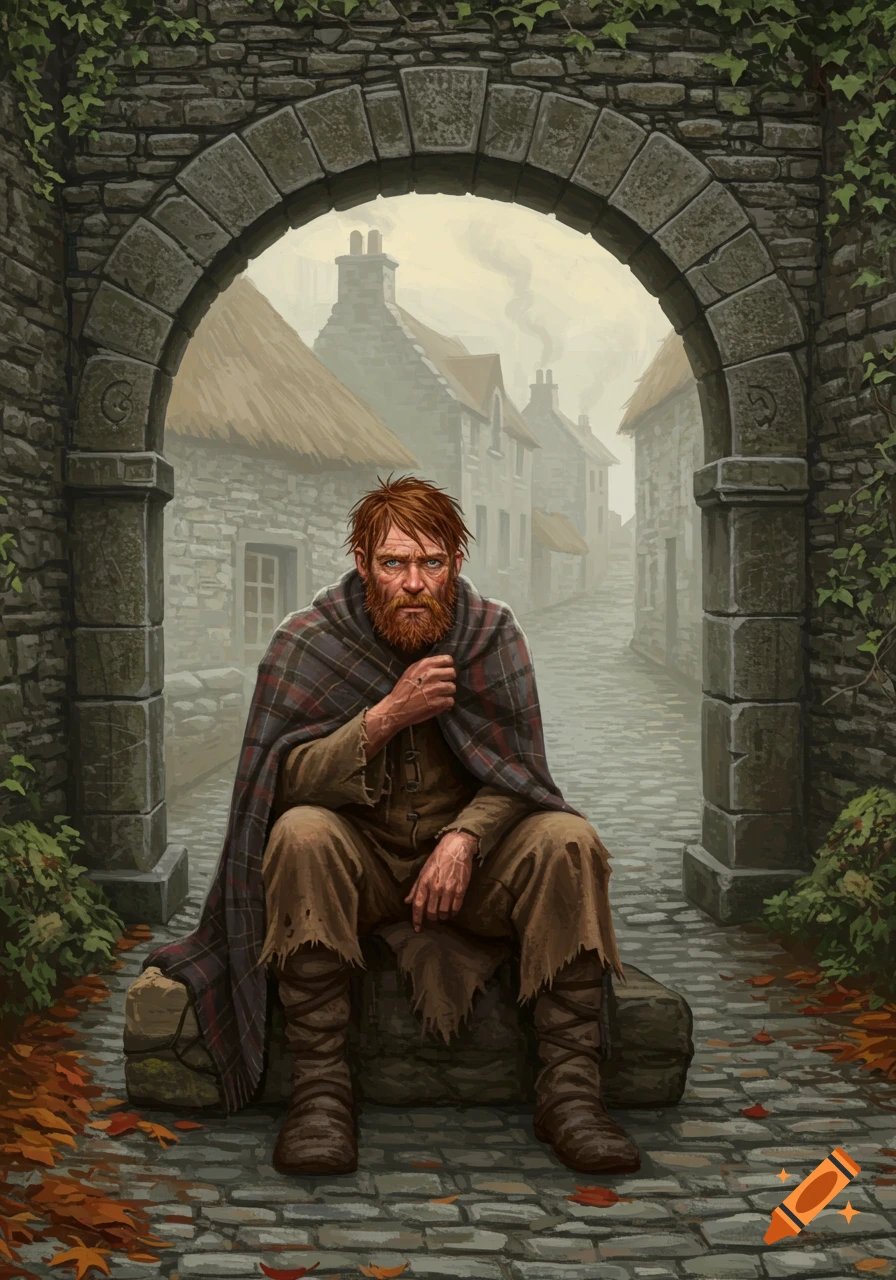 A red-bearded man in a ragged plaid cloak sits under a stone archway in a misty medieval village, digital painting.