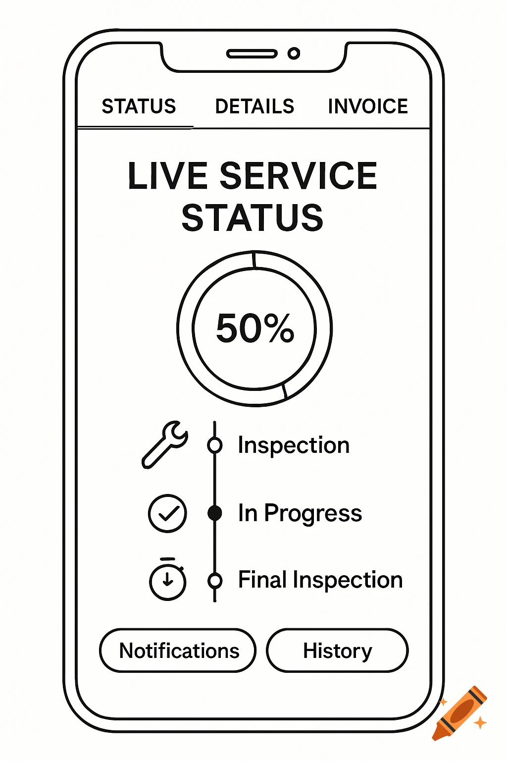 Line drawing of a mobile app interface displaying 'Live Service Status' for automobile service, showing 50% completion.